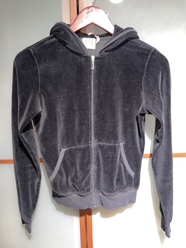 Juicy Couture VTG Y2K 90s Black Velour Velvet Hooded Track Jacket Sweatshirt M