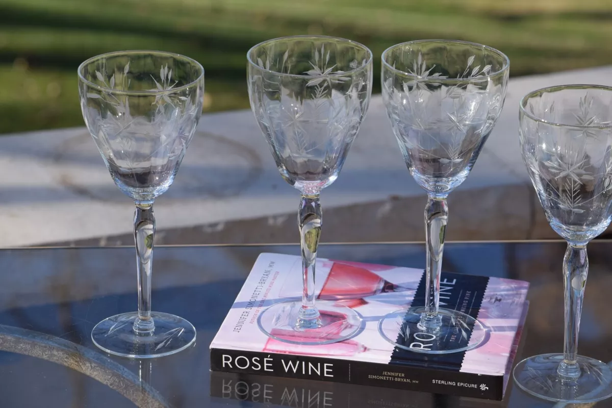 5 Vintage Etched Red Cocktail Glasses, 1950's, Vintage 4 oz Small