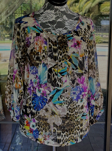 Leopard & Floral Print Sheer 3/4 Sleeve Jennifer Lopez Blouse Sz 2X 58” Bust