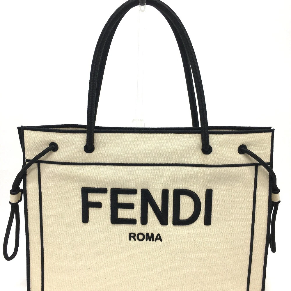 FENDI 8BH379 Logo Rome Shopper Large Tote Bag Canvas Beige x Black