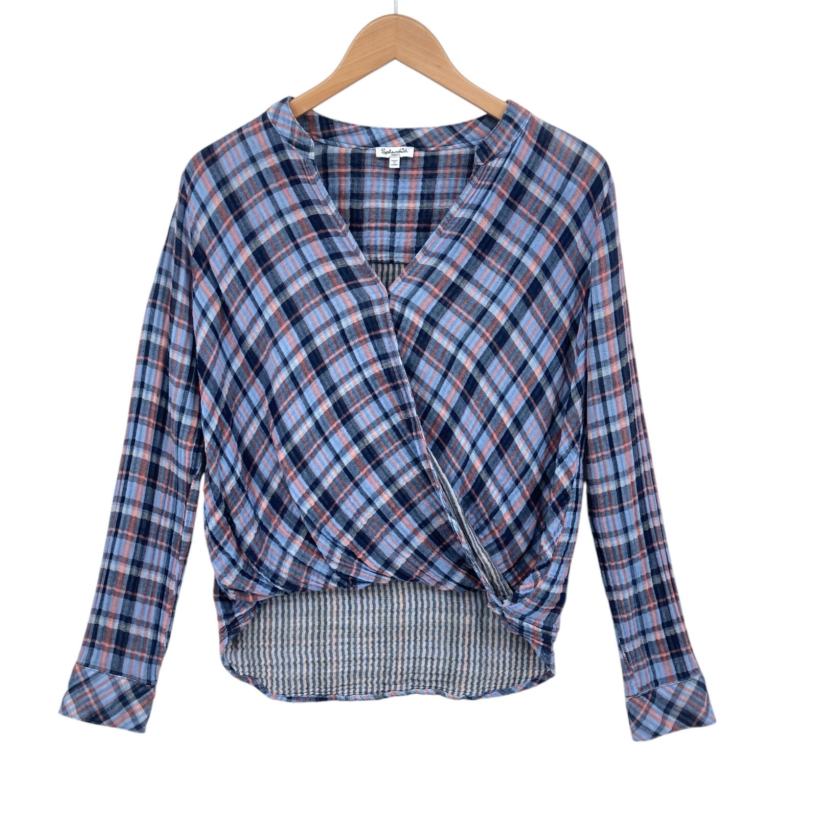 Splendid Blouse Top Womens Small Blue Plaid Surplice V Neck High