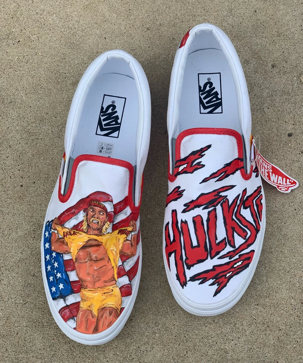 Custom VANS Shoes Hand Drawn and Painted Slip On Mens 11~ Hulk Hogan WWE.