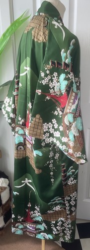 RARO KIMONO DISEÑO JAPONÉS VERDE Y DORADO TALLA M CON CINTURÓN HECHO EN JAPÓN - Imagen 6 de 9