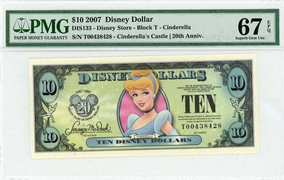 2007 $10 Disney Dollar Cinderella 20th Anniv. PMG 67 EPQ (DIS133