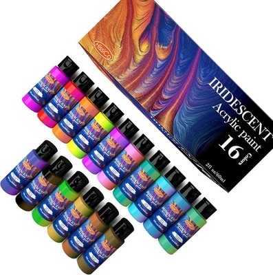 16 Color Iridescent Acrylic Paint Set 60ml Shimmer Paint for Crafts Canvas