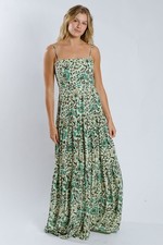 RAGA Deema Tiered Floral Romantic Bohemian Green Maxi Dress Sz Small  