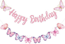 Pink Butterfly Birthday Banner, 63" X 23.6", Fade Resistant, Lightweight, Women/