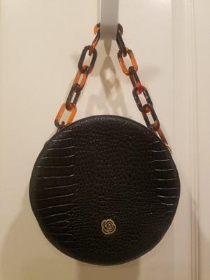 Carlos Santana Black Crocodile Print Handbag Laced Rose Print Interior Lining