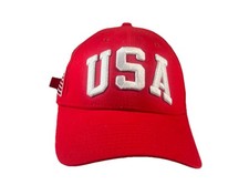 Red Baseball cap USA In White embroidered on the front USA Flag On The Side