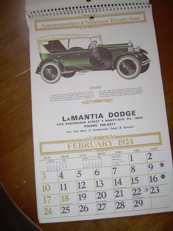 1924/1980 Lamantia Dodge Nanty Glo PA Advertising Classic Car Wall Calendar