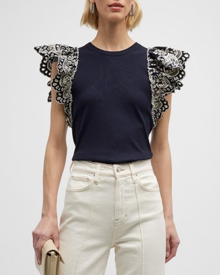 VERONICA BEARD Julianka Ruffle Embroidered Short Sleeve Top in Navy Pearl S $230
