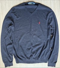 VTG 90s Polo Ralph Lauren Pima Cotton Medium Blue Long Sleeve V Neck Sweater