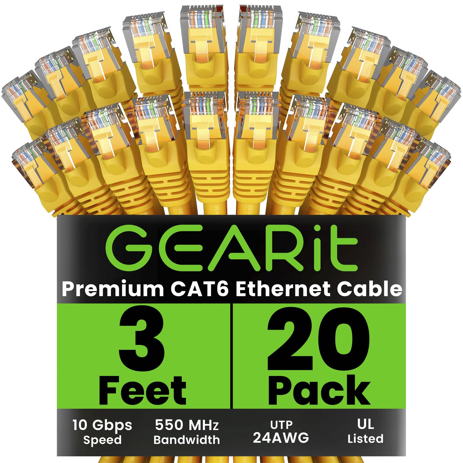 20-Pack 3ft Cat6 Ethernet Cable – 10Gbps, RJ45, Snagless Network Patch Cords