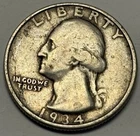 1934-D - SILVER QUARTER - WASHINGTON - 90% SILVER - 3.5 MILLION MINTAGE