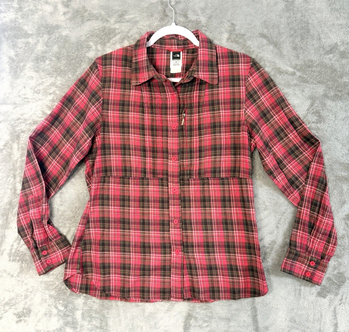 The North Face Womens Large Plaid Button Down Shirt Pink Black CoolVisions