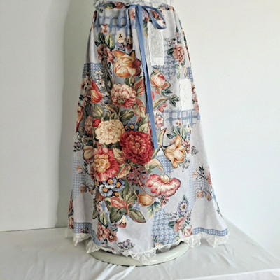 Upcycled Shabby Boho Blue Floral Skirt Applique Drawstring Vintage One Size