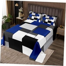 Geometric Bedspread Size, Black White Grey Square Coverlet Set Twin Royal Blue