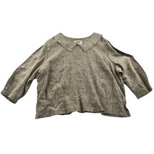 Flax By Jeanne Engelhart Womens Linen Blouse Large Tan Collared Crop Top Casual