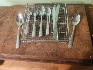 Cambridge Roam Sand Stainless Steel Flatware 8 Settings 2 Serving Spoons Caddy