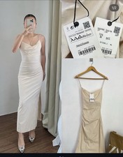 ZARA Women's Ecru Beige Draped Ruched Side Midi Dress Thin Straps Size S