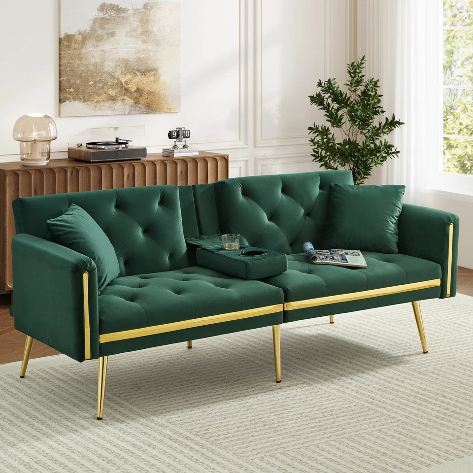 Convertible Sofa Bed 2 Seater Click Clack Sofa Settee Couch Living Room Green - Image 2 of 4