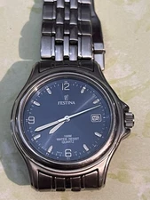 Vintage Festina Quartz Watch Blue Face Silver Band Excellent Condition