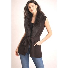 Kobi Halperin Brown Merino Knit Vest Real Fox Fur Collar Belted Pockets XS
