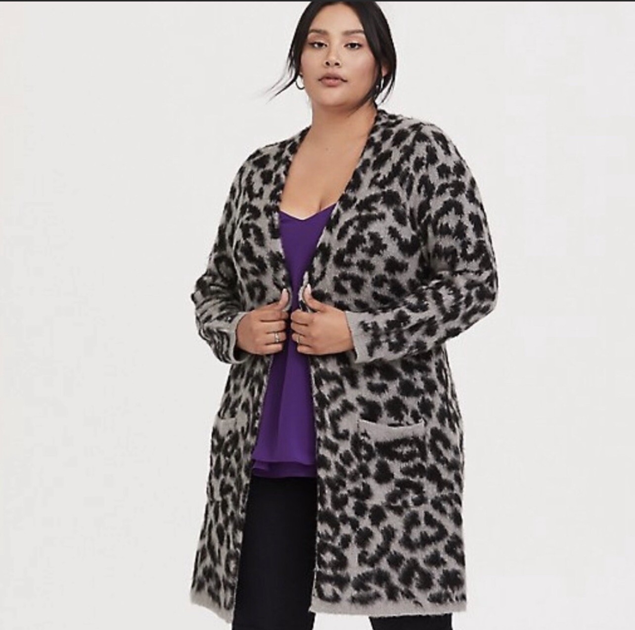Torrid GREY LEOPARD LONGLINE CARDIGAN 