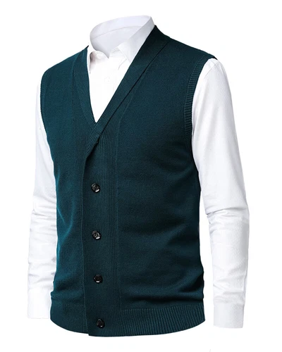 Herren Schalkragen Strickweste Ärmellose Pullunder V-Ausschnitt Business Weste - Bild 1 von 30