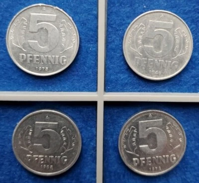 DDR 5 Pfennig -  4 Münzen aus verschiedenen Jahren, 1972, 1975, 1983, 1968 - Bild 1 von 3
