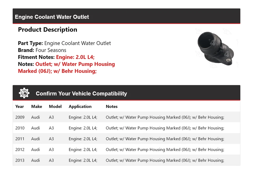 Salida de agua refrigerante motor L4 2,0 L para Audi A3 2009-2013 4 estaciones 2010 2011 Foto 2 de 4