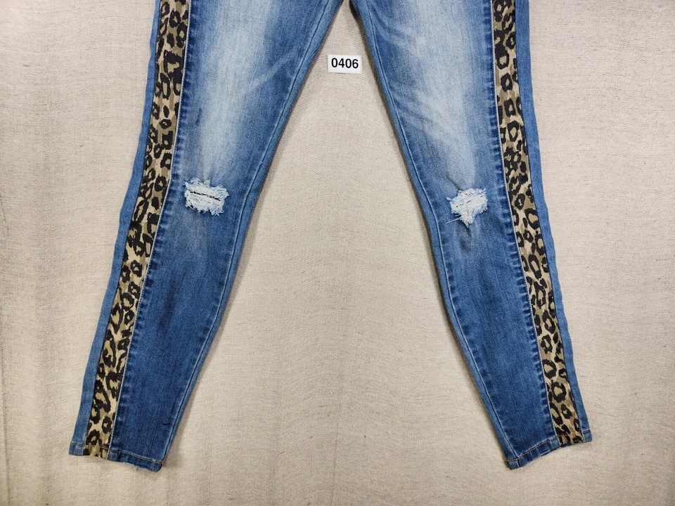Easel Women's Leopard Stripe Blue Denim Distressed Skinny Jeans Waist