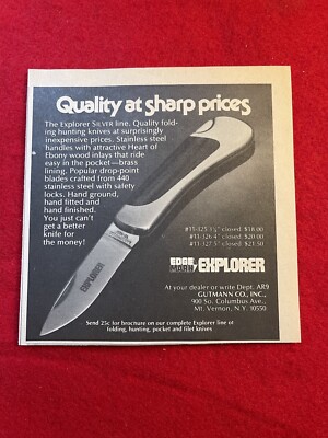 Vintage 1978 Print Ad Gutmann Knives Explorer Silver Line Advertisement