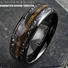 Black Tungsten Carbide Men's Ring Whiskey Barrel Wood & Meteorite Wedding Band