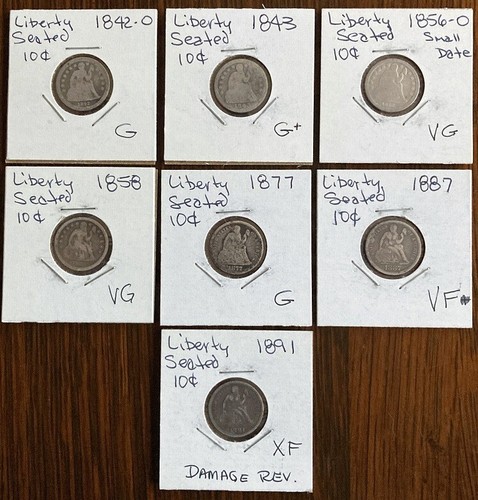 Seven (7) Seated Liberty Dimes - 10c - Most are G or better - 90% Silver