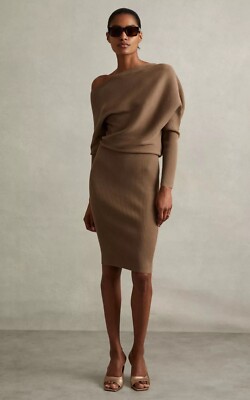 REISS Lara schulterfreies geripptes Midikleid in Nerz Größe L