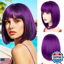 NOTICEME Dark Purple Bob Wig with Bangs, Short Straight Costume Dark Purple W