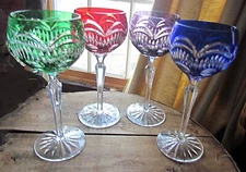 4 Ajka Caroline crystal wine hocks goblets cut to clear red blue green & purple