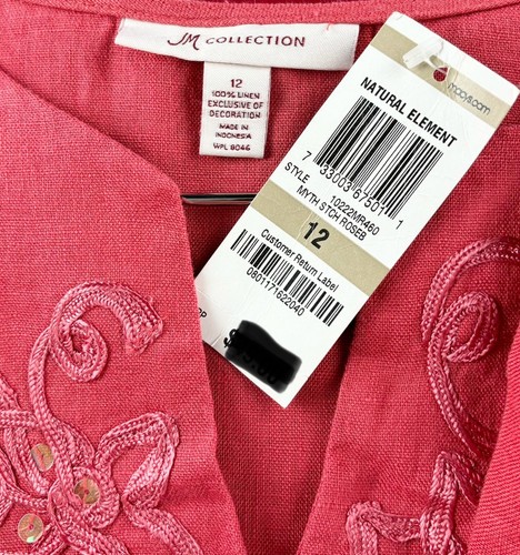 NWT JM COLLECTION PINK LINEN EMBROIDERED SEQUINS TUNIC BLOUSE NEW WM SZ12 (MEAS) - Picture 6 of 7