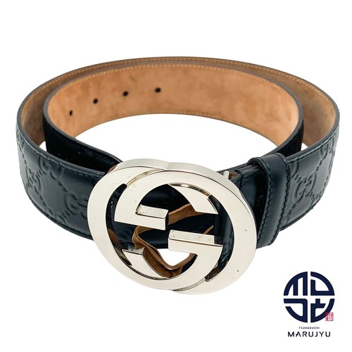 GUCCI 411924 Interlocking G Belt Guccissima Black Accessory Silver Used MARJ-0