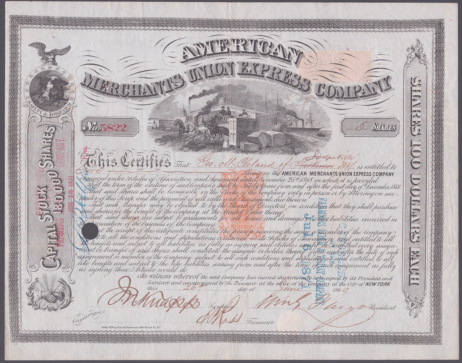 American Merchants Union Express Co. - Stock Certificate Signed 06/26/1869