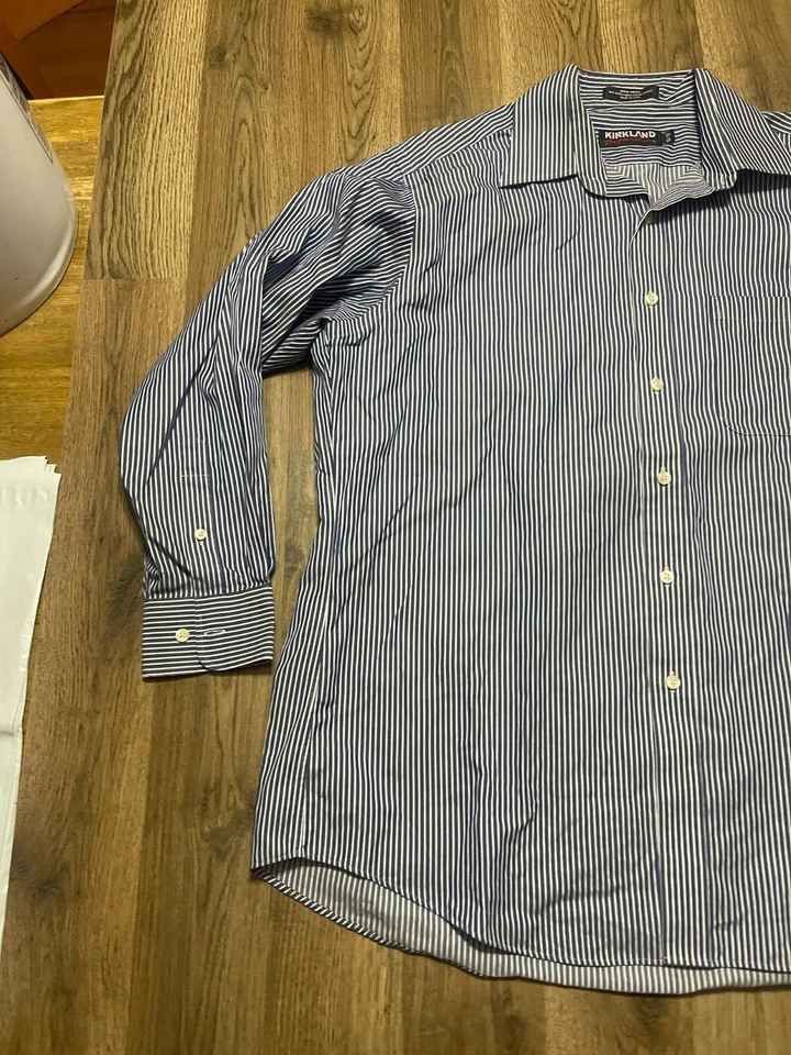 Kirkland Signature Shirt, Men's Size 16.5-32, Blue White Striped Button Up - Image 3 of 4