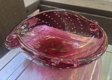 Vintage Murano Style Cranberry Bullicante Art Bowl Controlled Bubble Scroll Rim Vintage Murano Style Cranberry Bullicante Art Bowl Controlled Bubble Scroll Rim