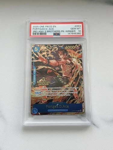 One Piece Portgas D. Ace 3rd Anniversary 3 Brothers Winner Promo OP07-053 PSA 10