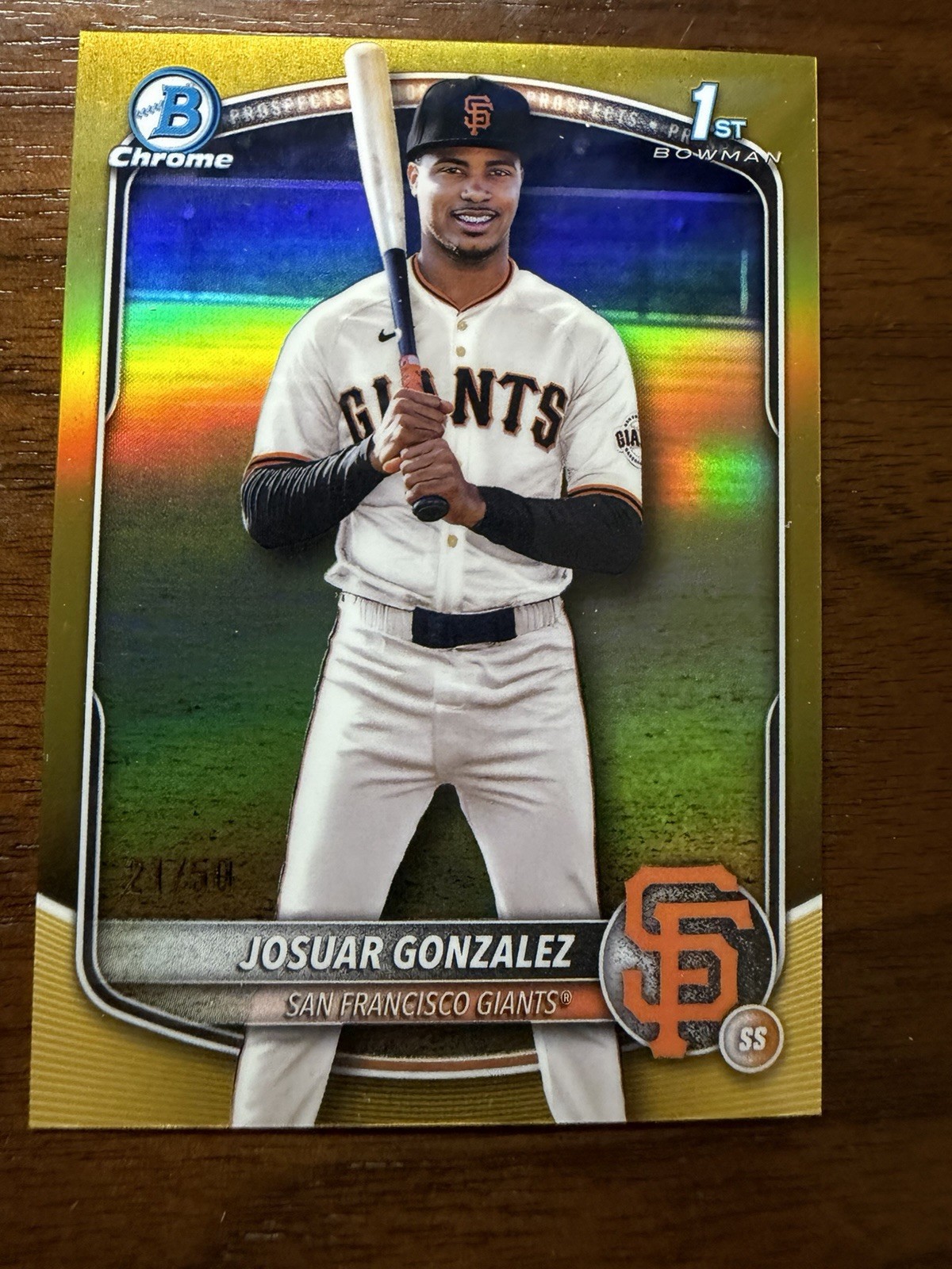 🔥2025 Bowman Chrome JOSUAR GONZALEZ 1st True Gold Refractor #D /50 SP Giants