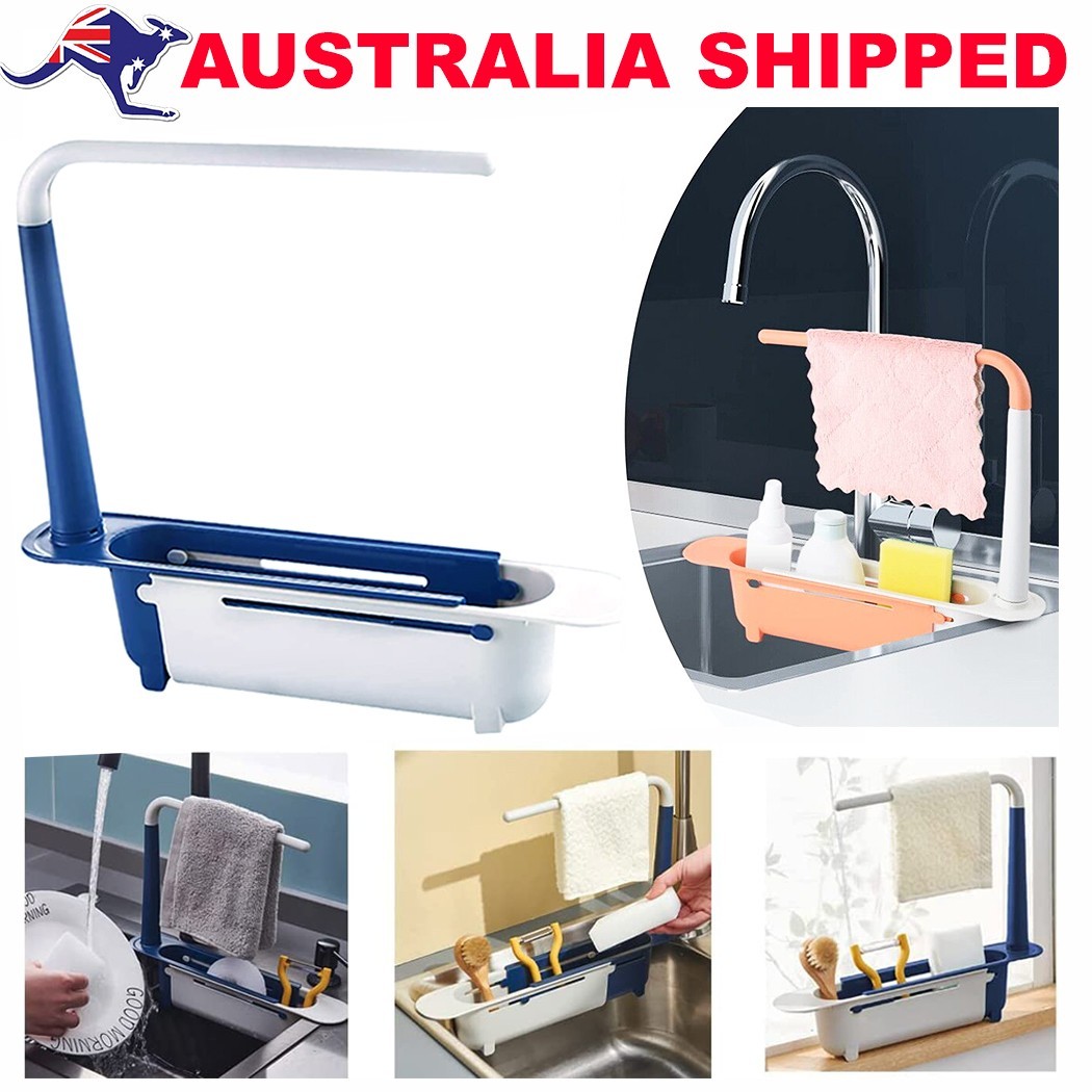 Telescopic Sink Storage Rack Home PP Drain Basket Towel Bar Adjustable 32-45cm