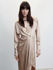 Mango Beige Satin Collared Wrap Midi Dress Long Sleeve Size M