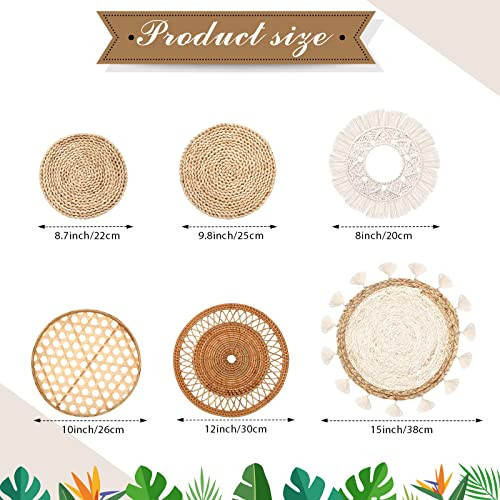 Boho Wall Baskets Decor Set of 6 Flat Woven Basket Wall Hanging Decor Round - Picture 3 of 7