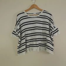 Planet Lauren G Top One Size Black White Striped Linen Pima Cotton Boxy Tee