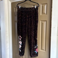 JW Johnny Was Los Angeles Size L Leopard Joggers Velvet black brown embroidered